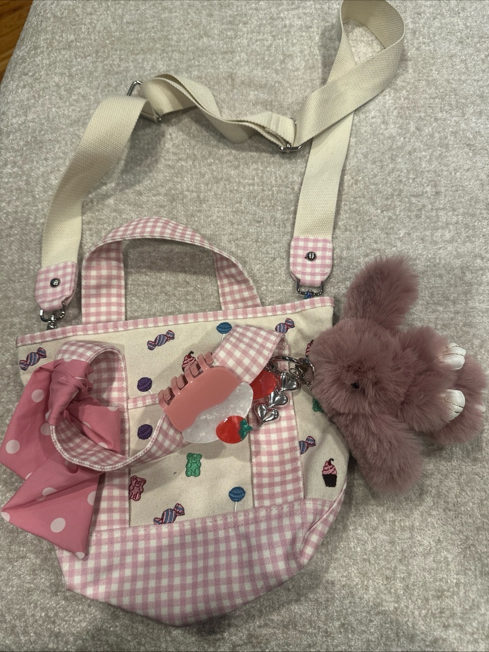 Kids Pink Gingham Candy Print Crossbody Bag with Plush Bunny Charm